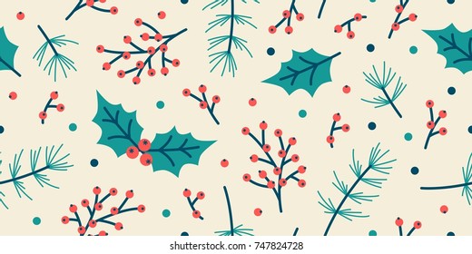 seamless christmas pattern with spruce holly leaves berry leaf background