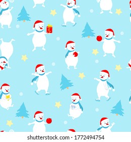 Seamless Christmas pattern of spruce, snowmen, stars on a blue background. Pattern for packaging, for Christmas gifts, for wrapping paper, flat-style wallpaper. Fun and joyful mood of the holiday.