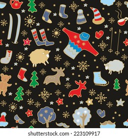 Seamless Christmas pattern with spruce trees, snowflakes, teddy bears, lambs and baby deer on dark background