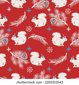 patrón de navidad sin fisuras con ardilla, ramas de abeto y copos de nieve.Diseño de vectores para papel, tela y otras superficies