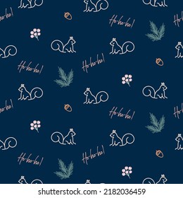 Patrón de navidad sin foco con ardillas, bayas sobre fondo azul, estilo vectorial retro