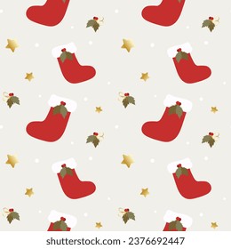 Seamless Christmas pattern with stars and red socks and holly leaves. Christmas pattern for decorations, paper, fabric. Previous illustration.	