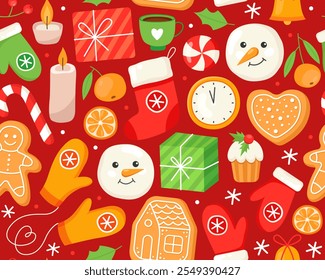 Seamless Christmas pattern. Christmas stocking, mittens, snowman, gingerbreads, gifts, candles, candies and clock. Red background. New Year's pattern for wrapping paper, textile, print.