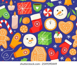 Seamless Christmas pattern. Christmas stocking, mittens, snowman, gingerbreads, gifts, candles, candies and clock. Blue background. New Year's pattern for wrapping paper, textile, print.