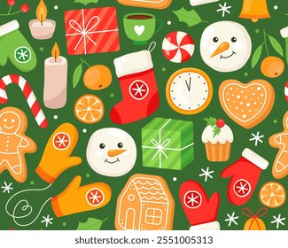 Seamless Christmas pattern. Christmas stocking, mittens, snowman, gingerbreads, gifts, candles, candies and clock. Green background. New Year's pattern for wrapping paper, textile, print.