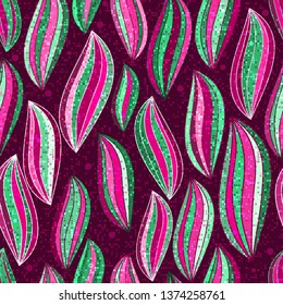 Seamless Christmas pattern with striped abstract shapes on a dark background with translucent polka dots. Vector image. Eps 10