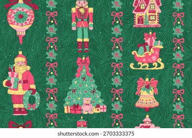 Patrón de Navidades sin costuras. Diseño de rayas con árbol de Navidad, trineo, campana, chuchería, Papá Noel, cascanueces, casa de jengibre, muñeco de nieve, bayas de acebo en verde oscuro. Adornos de Navidades de Antiguas.