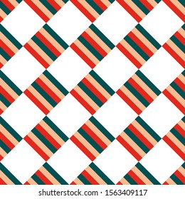 Seamless Christmas pattern of striped squares staggered diagonally on a white background. Vector illustration bright green, red ornament for print, wrapping, textile, fabric.
