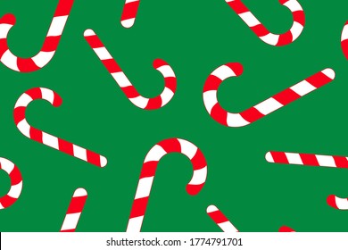 Seamless Christmas pattern with striped white-red candy on green background. Merry Christmas. Stick. For gift wrapping paper, fabric, textile, surface textures, cover, scrapbook. Vector illustration.