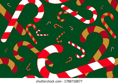 Seamless Christmas pattern with striped white/red/gold candy on green background. 3 d effect. Merry Christmas. For gift wrapping paper, fabric, textile, surface textures, cover, scrapbook. Vector.