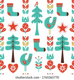 Seamless Christmas pattern with stylised trees, socks, birds, flowers.  Vector illustration. 