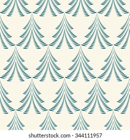 Seamless Christmas pattern. Stylized blue ornament of trees, firs on light background. Twist silhouettes with laurel leaves. Winter, New Year, nature theme texture. Blue colors. Vector 