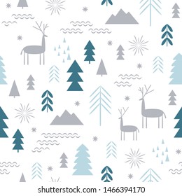 Seamless Christmas pattern. Stylized Christmas deers, snowflakes, forest, trees