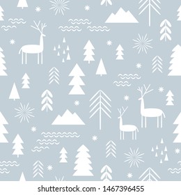 Seamless Christmas pattern. Stylized Christmas deers, snowflakes, forest, trees, one color. Idea for fabric , stationery design