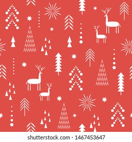 Seamless Christmas pattern. Stylized Christmas deers, snowflakes, forest, trees, one color. Idea for fabric , stationery design