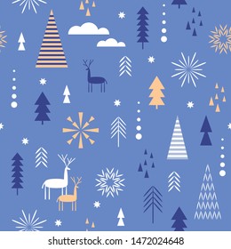 Patrón de Navidad sin inconvenientes. Decenas de Navidad estilizadas, copos de nieve, bosque, árboles. Idea para tela, patrón de manteles. Patrón de Navidad sin inconvenientes. 