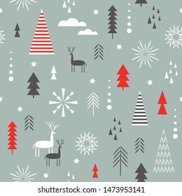 Seamless Christmas pattern. Stylized Christmas deers, snowflakes, forest, trees. Idea for fabric, tablecloth pattern. Seamless Christmas pattern. 