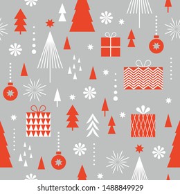 Seamless Christmas pattern. Stylized Christmas gift boxes, snowflakes, trees. Idea for fabric, tablecloth pattern, wrapping paper, gift paper