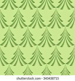 Seamless Christmas pattern. Stylized ornament of trees, firs on green background. Twist silhouettes with laurel leaves. Winter, New Year, nature theme texture. Green colors. Vector 