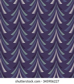 Seamless Christmas pattern. Stylized ornament of trees, firs on dark blue background. Twist silhouettes with laurel leaves. Winter, New Year, nature theme texture. Blue colors. Vector 
