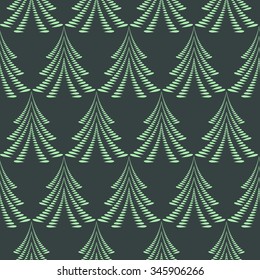 Seamless Christmas pattern. Stylized ornament of trees, firs on dark background. Twist silhouettes with laurel leaves. Winter, New Year, nature theme texture. Green colors. Vector 