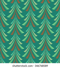 Seamless Christmas pattern. Stylized ornament of trees, firs on dark blue background. Twist silhouettes with laurel leaves. Winter, New Year, nature theme texture. Blue colors. Vector 