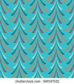 Seamless Christmas pattern. Stylized ornament of trees, firs on blue, turquoise background. Twist silhouettes with laurel leaves. Winter, New Year, nature theme texture. Vector