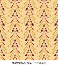 Seamless Christmas pattern. Stylized ornament of trees, firs on yellow background. Twist silhouettes with laurel leaves. Winter, New Year, nature theme texture. Vector