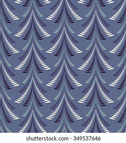 Seamless Christmas pattern. Stylized ornament of trees, firs on blue background. Twist silhouettes with laurel leaves. Winter, New Year, nature theme texture. Vector