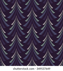 Seamless Christmas pattern. Stylized ornament of trees, firs on dark blue background. Twist silhouettes with laurel leaves. Winter, New Year, nature theme texture. Vector