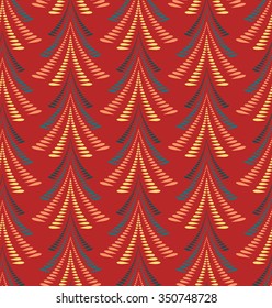 Seamless Christmas pattern. Stylized ornament of trees, firs on red background. Twist silhouettes with laurel leaves. Winter, New Year, nature theme texture. Vector