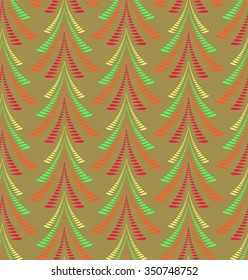 Seamless Christmas pattern. Stylized ornament of trees, firs on olive green background. Twist silhouettes with laurel leaves. Winter, New Year, nature theme texture. Vector
