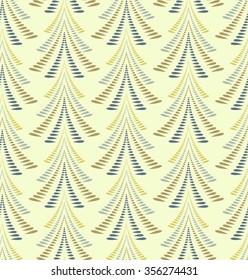 Seamless Christmas pattern. Stylized ornament of trees, firs on light yellow gray background. Twist silhouettes with laurel leaves. Winter, New Year, nature theme texture. Vector