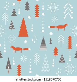 Seamless Christmas pattern. Stylized Christmas  snowflakes, trees, fox.  Idea for fabric, tablecloth pattern, wrapping paper, gift paper