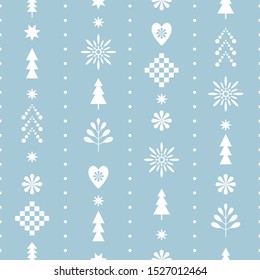  seamless Christmas pattern with stylized snowflakes and trees in one color blue