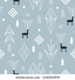 Seamless Christmas pattern with stylized snowflakes, deers and geometric shapes, fabric design or gift paper, wrapping print