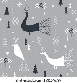 Seamless Christmas pattern with stylized snowflakes, birds and geometric shapes, fabric design or gift paper, wrapping print
