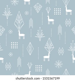 Seamless Christmas pattern with stylized snowflakes, deers, trees, geometric shapes, fabric design or gift paper, wrapping print