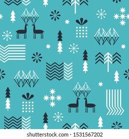 Seamless Christmas pattern with stylized snowflakes, deers, trees, geometric shapes, fabric design or gift paper, wrapping print