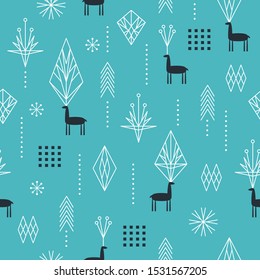 Seamless Christmas pattern with stylized snowflakes, deers, trees, geometric shapes, fabric design or gift paper, wrapping print