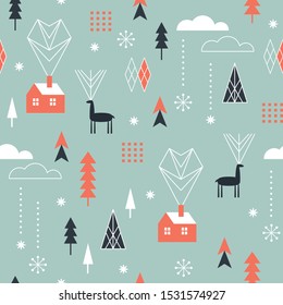 Seamless Christmas pattern with stylized snowflakes, winter houses, deers and geometric shapes, fabric design or gift paper, wrapping print	
