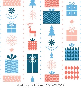 patrón de Navidad sin fisuras con copos de nieve estilizados, cajas de regalos, ciervos y árboles, diseño de tela o papel de regalo, impresión de envoltura