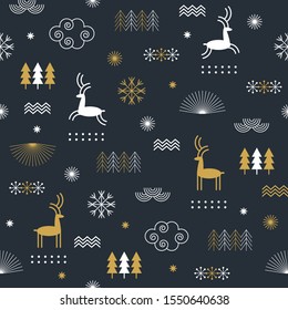Seamless Christmas pattern with stylized snowflakes, deers, trees, fabric design or gift paper, wrapping print
