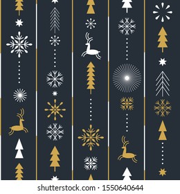 Seamless Christmas pattern with stylized snowflakes, deers, trees, fabric design or gift paper, wrapping print