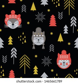 Seamless Christmas pattern, stylized trees and  snowflakes. Cats heads in knitted hats. New year's background