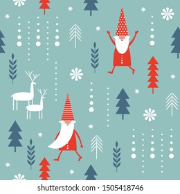Seamless Christmas pattern. Stylized Christmas trees, snowflakes, cute Christmas gnomes. Idea for fabric, tablecloth pattern, wrapping paper, gift paper