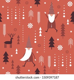 Seamless Christmas pattern. Stylized Christmas trees, snowflakes, Christmas deers, cute gnomes. Idea for fabric, tablecloth pattern, wrapping paper, gift paper etc.
