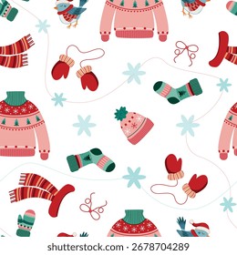 Patrón de Navidades sin costuras con suéteres, mitones, bufandas, sombreros, calcetines, copos de nieve y pájaros. Ilustración vectorial festiva para envolver papel, tela, Fondo de pantalla