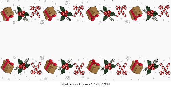 Seamless christmas pattern. Sweets, gift box, snowflakes