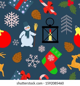 Seamless Christmas pattern with sweets, gifts, a snowman, snowflakes, berries on a blue background. New Year's vector illustration in a flat style. For decorating holiday gifts.